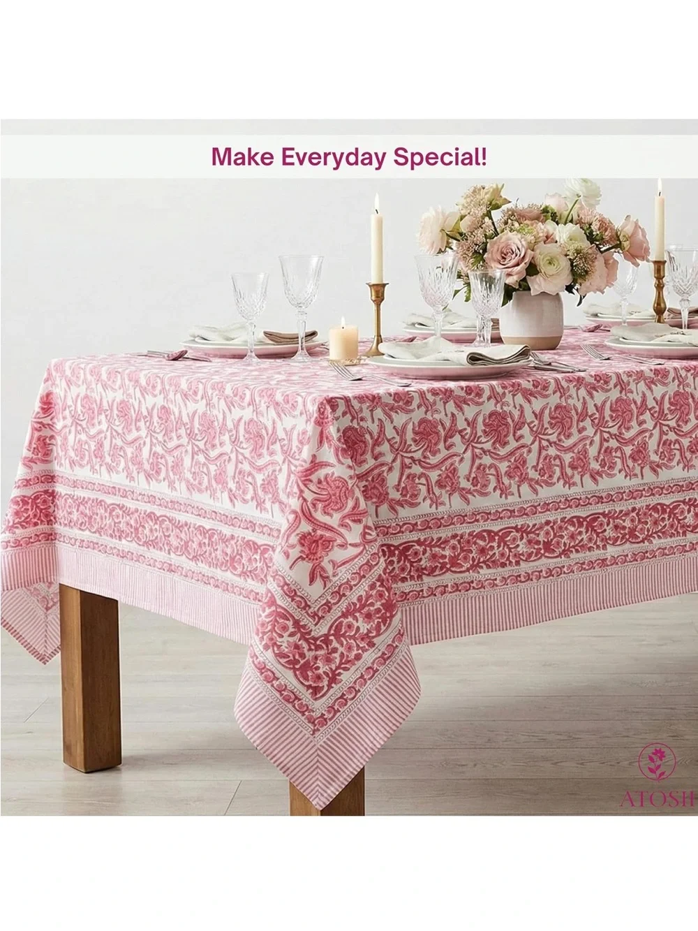 NEW Red Bloom 100% Cotton Tablecloth, Handblock Print Square. 36”x36”